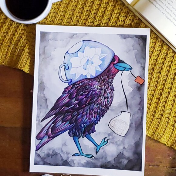 Tea Loving Crow Drawing Illustration Art Matte Print 8x10" - Picture 3 of 3